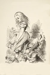Riesige Alice kippt die Jury-Box um, aus Alice im Wunderland von Lewis Carroll, veröffentlicht 1891